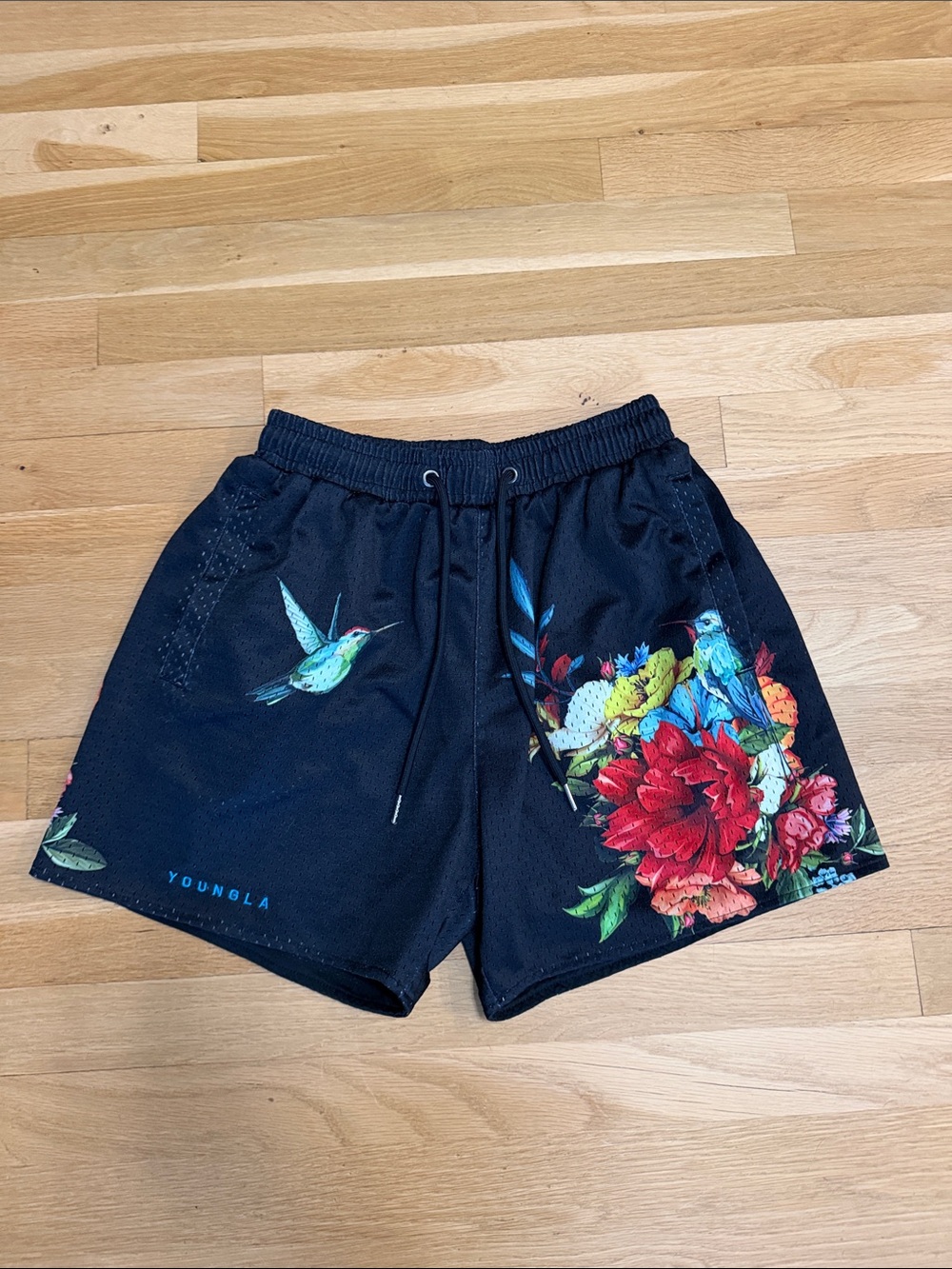 YoungLA Black Athletic Shorts with Vibrant Floral & Hummingbird Print